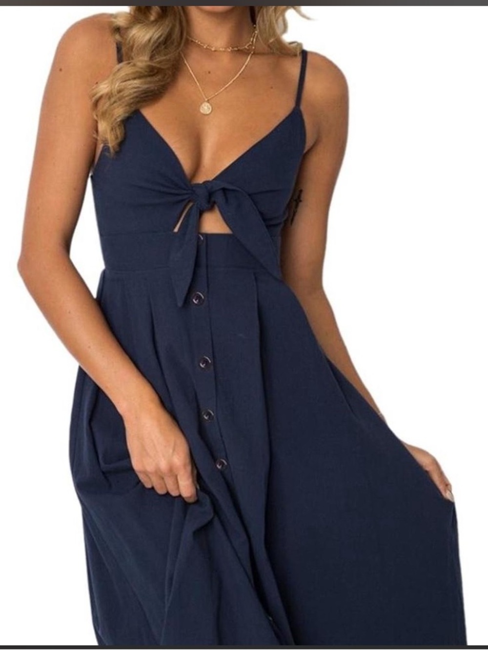 Blue Spaghetti Strap Cutout A-Line Swing Midi Dress - Brand New